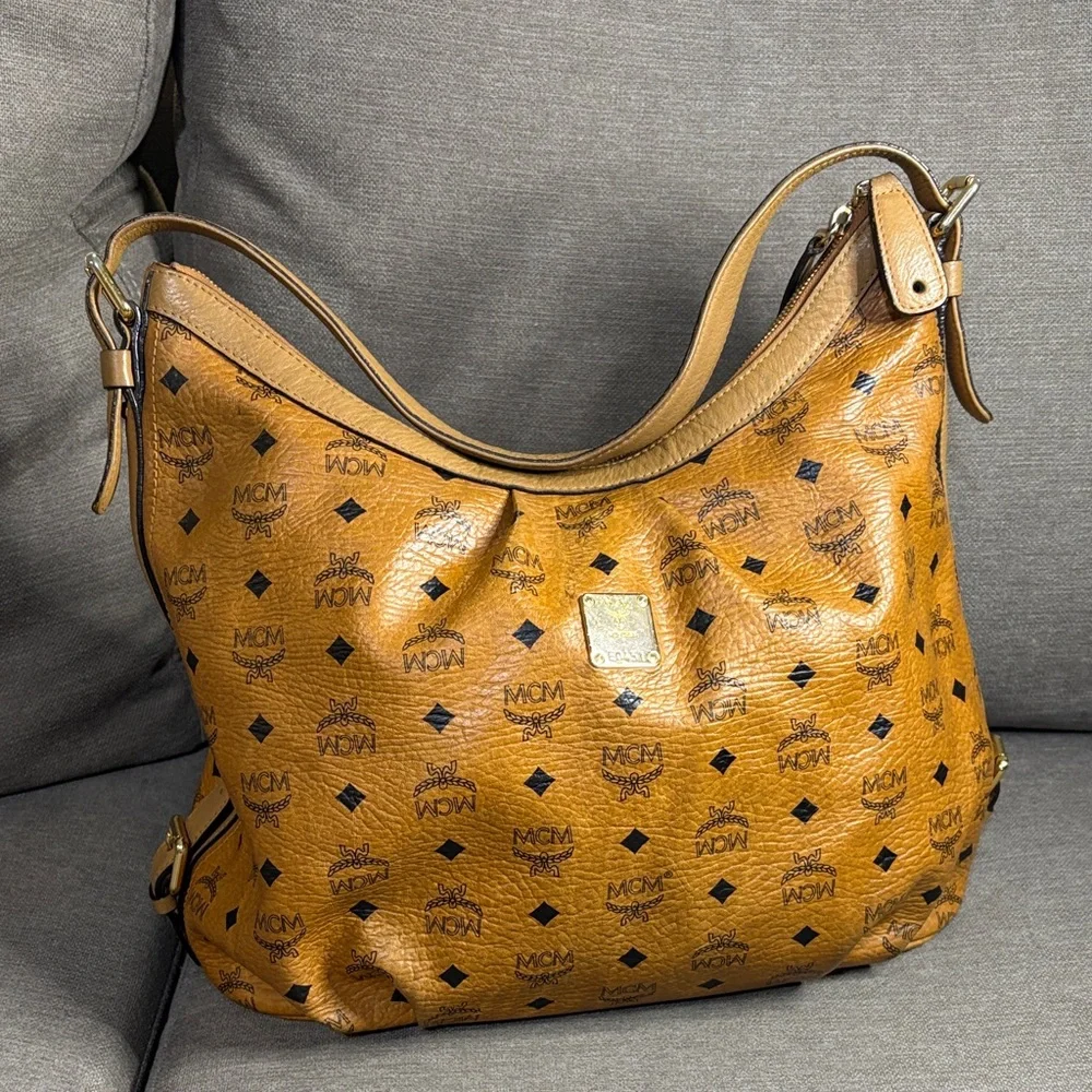 MCM Cognac Monogram Shoulder Hobo Bag ( Serial E0451)